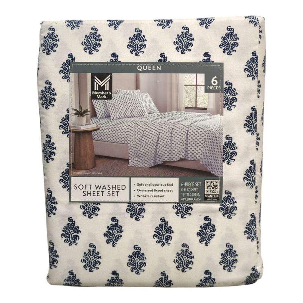 Navy Blockprint - Member's Mark Luxuriously Soft Washed Microfiber Sheet Set, 6p